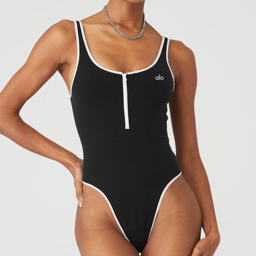 Alo Yoga Supernova Zip Front Bodysuit Black White Size Small Casual Athleisure